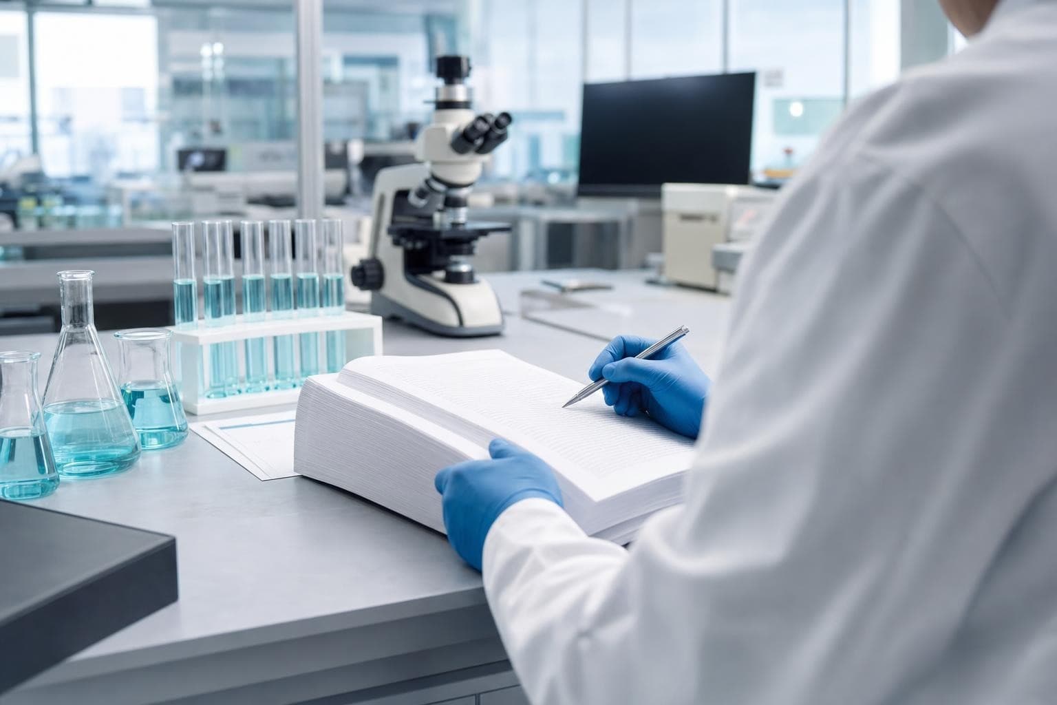 A forensic examiner at a bright lab desk reading intently through a thick official report and marking a passage, seen over the shoulder so no face shows.